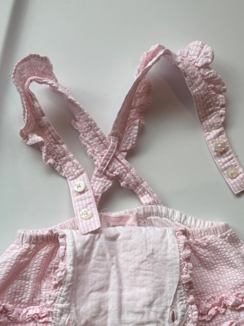 Pristine Janie & Jack Pink Ruffle Seersucker Baby Bubble Romper size 3-6 months